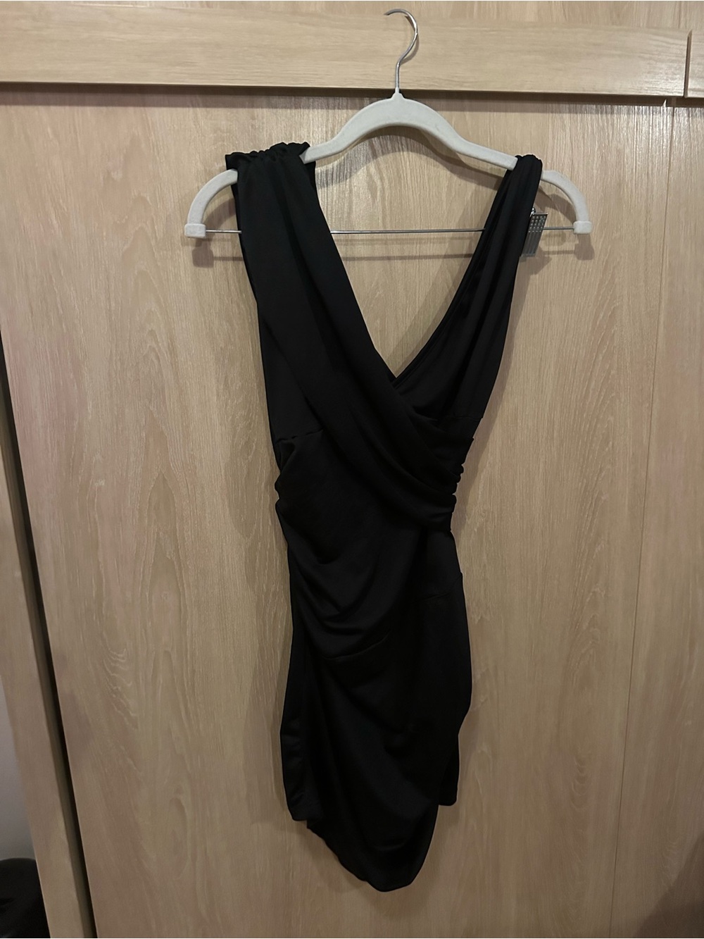 Black Draped Mini Dress with V-Neck